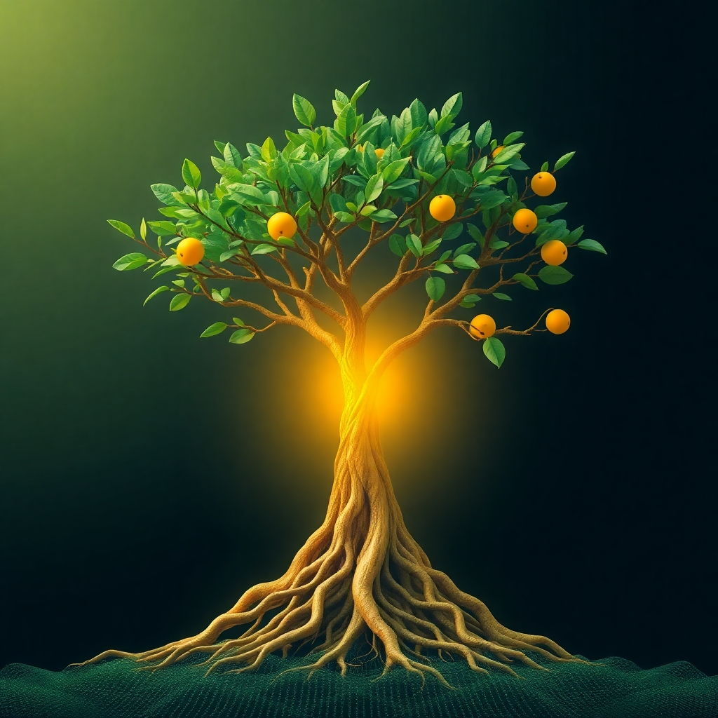 An AI system expanding and growing, represented by a tree with roots firmly planted in data and branches reaching towards the sky. The tree is flourishing with new leaves and fruits. Use a color palette of greens and golds to convey growth and scalability. 4K resolution, high quality.