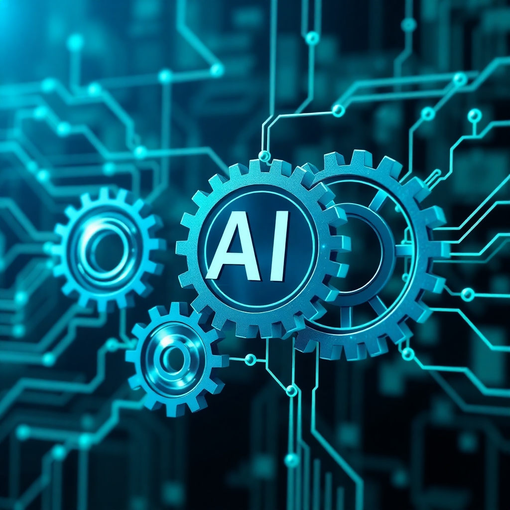 An AI system integrating seamlessly into an existing business infrastructure, represented by interlocking gears and data streams. The gears are spinning smoothly, indicating a harmonious integration. Use a color palette of blues and greens to convey efficiency and integration. 4K resolution, high quality.