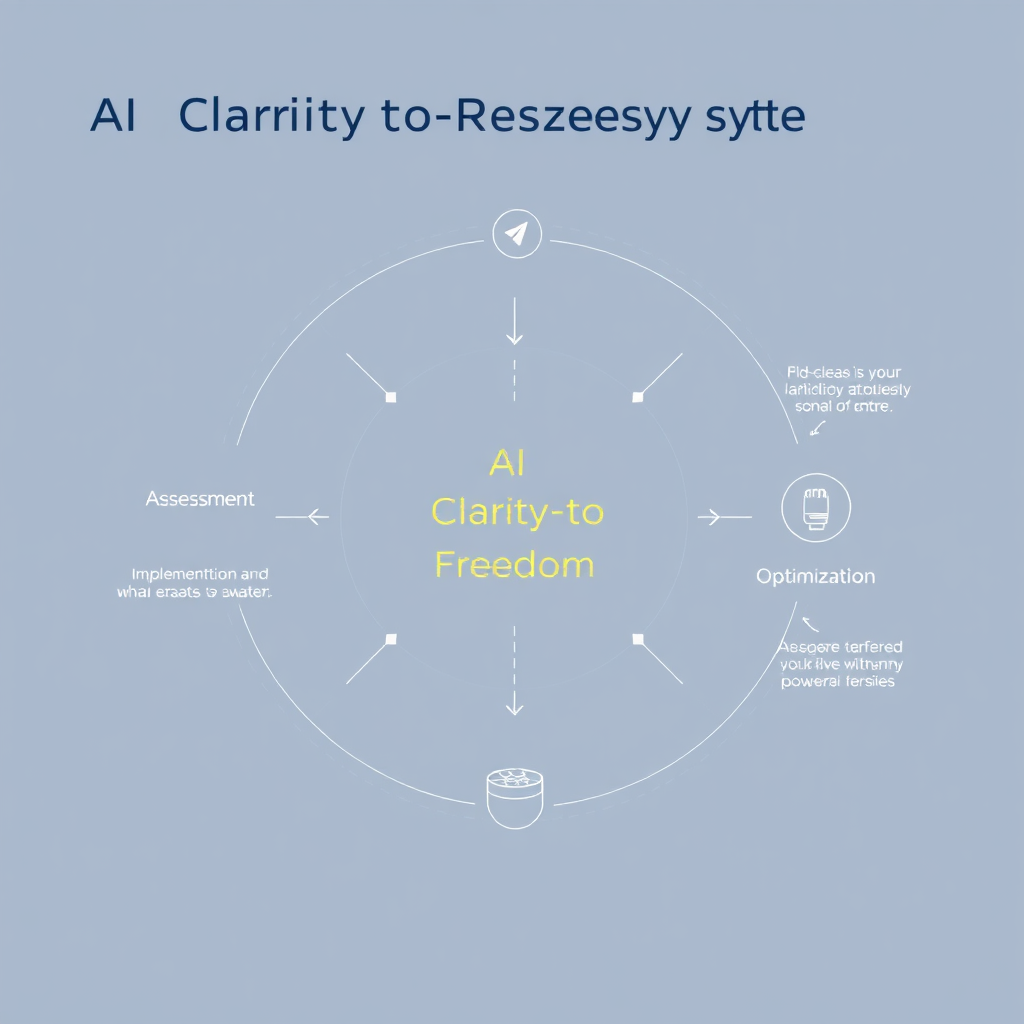 Create a photorealistic diagram illustrating the AI Clarity-to-Freedom System. Show distinct stages, such as 'Assessment', 'Implementation', and 'Optimization', each connected by AI-powered workflows. Use clean lines and modern design elements to represent the system's framework.