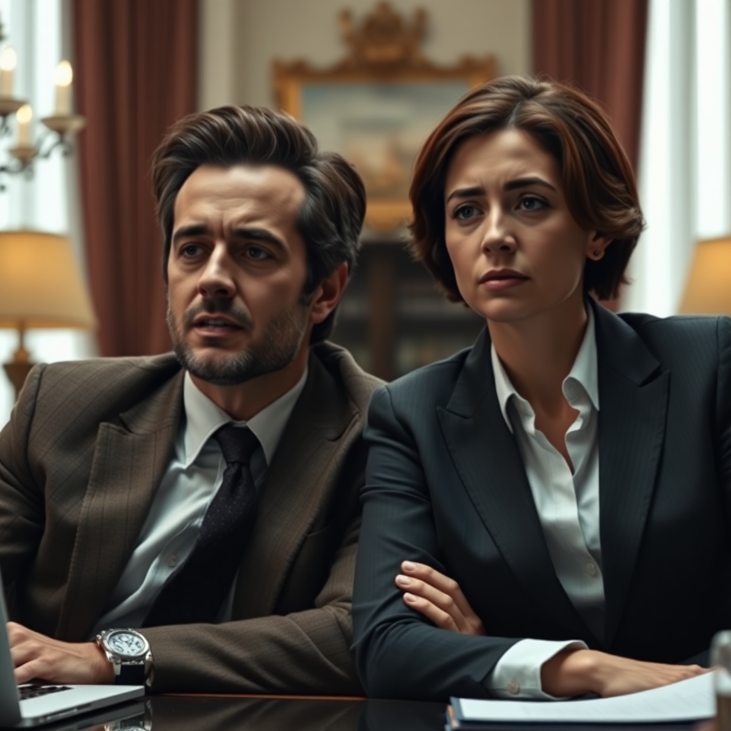 Create a photorealistic image of Marius and Cristina looking tired and overworked, despite being in a luxurious office setting. The lighting should be subtly dim and convey a sense of exhaustion. Focus on their facial expressions and body language to emphasize the hidden struggles.