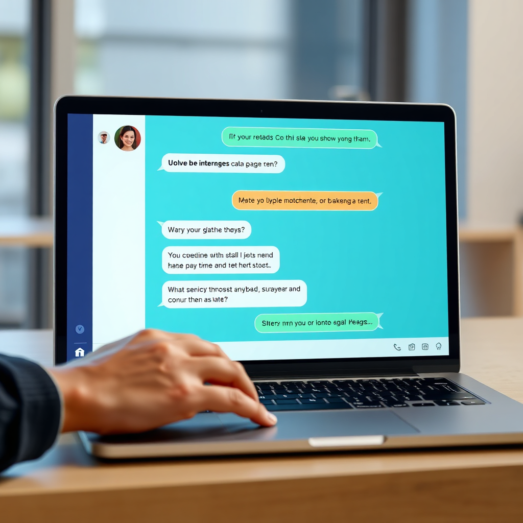 Create a photorealistic image showcasing an AI chatbot interface on a laptop screen, interacting with a potential customer. Show dynamic text exchanges and engaging visuals to represent the chatbot's capabilities.