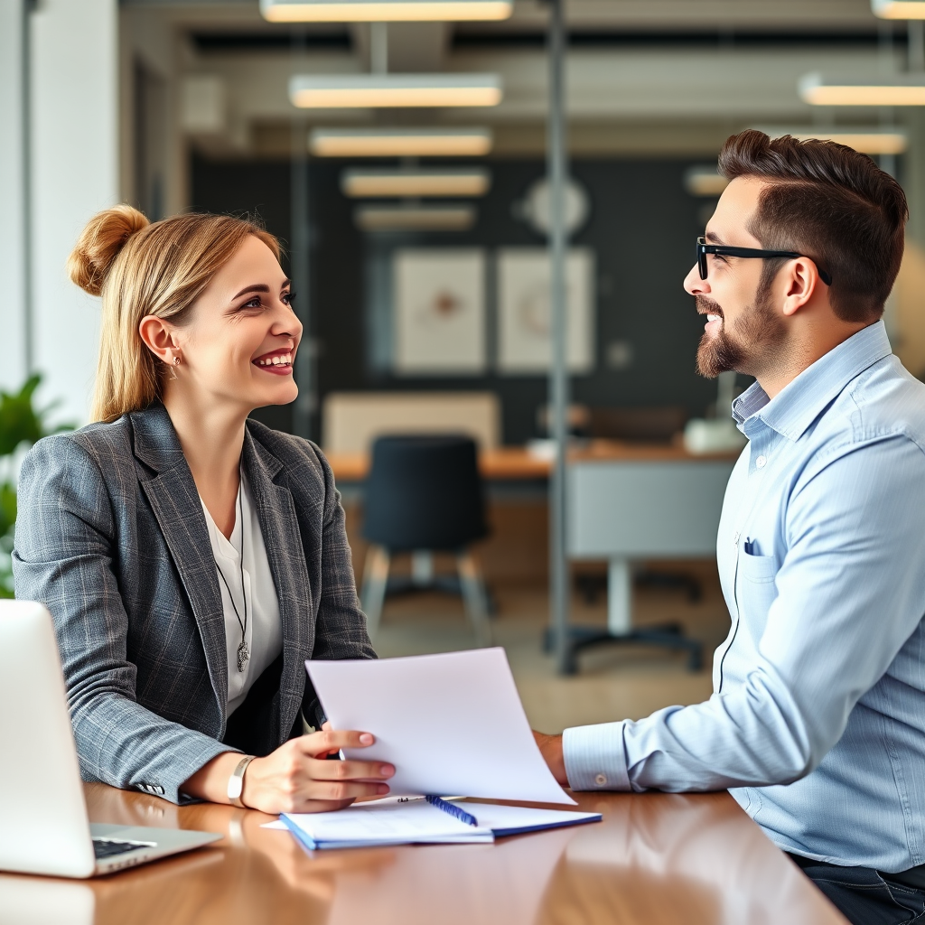 Create a photorealistic image showcasing a friendly consultant and a business owner engaged in a productive discussion about AI solutions, set in a modern office environment. Emphasize the collaborative and informative nature of the consultation.