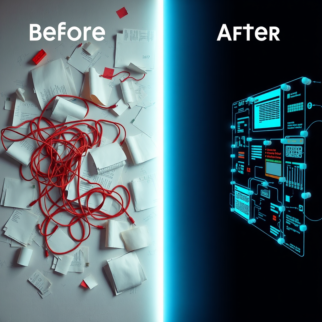 Create a photorealistic image depicting a before-and-after transformation. On one side, represent chaos with scattered papers and tangled wires; on the other, clarity with organized data and seamless AI integrations. Use lighting to highlight the contrast.