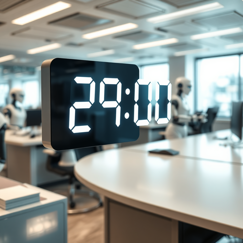 Create a photorealistic image of a digital clock showing 24:00, with AI robots efficiently working in the background, handling various tasks in a futuristic office setting. The lighting should be soft and diffused, emphasizing the continuous operation of AI-driven automations. The overall tone should be efficient and reliable.