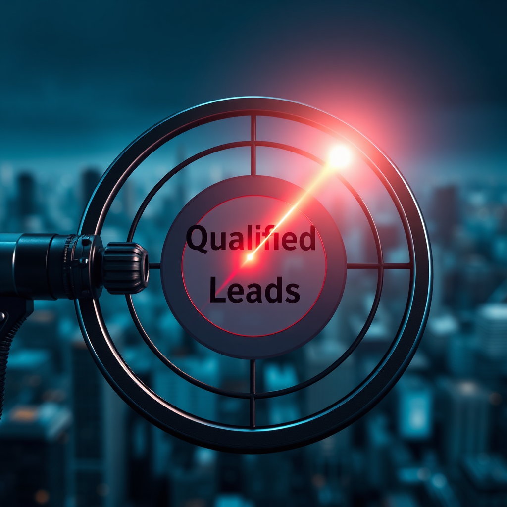 Create a photorealistic image of a laser beam precisely hitting a target with the bullseye marked 'Qualified Leads'. The beam originates from a futuristic AI device. The background should be a blurred cityscape, symbolizing the vast marketing landscape. The overall tone should be sharp and focused, highlighting the precision of AI-driven lead generation.
