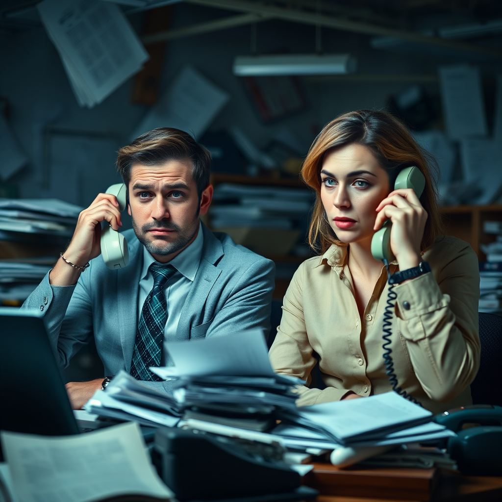 Create a photorealistic image of two entrepreneurs looking stressed and overwhelmed, surrounded by piles of paperwork and ringing phones. The lighting should be dim and chaotic, conveying the sense of being overwhelmed. The background should be a cluttered office setting, emphasizing the disorganization.
