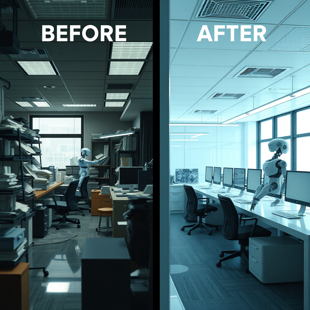 Create a photorealistic image showing before-and-after scenes. On one side, show a chaotic and disorganized office; on the other, a streamlined and efficient operation with AI robots working seamlessly. The lighting should contrast the two scenes, with the former dim and the latter bright.