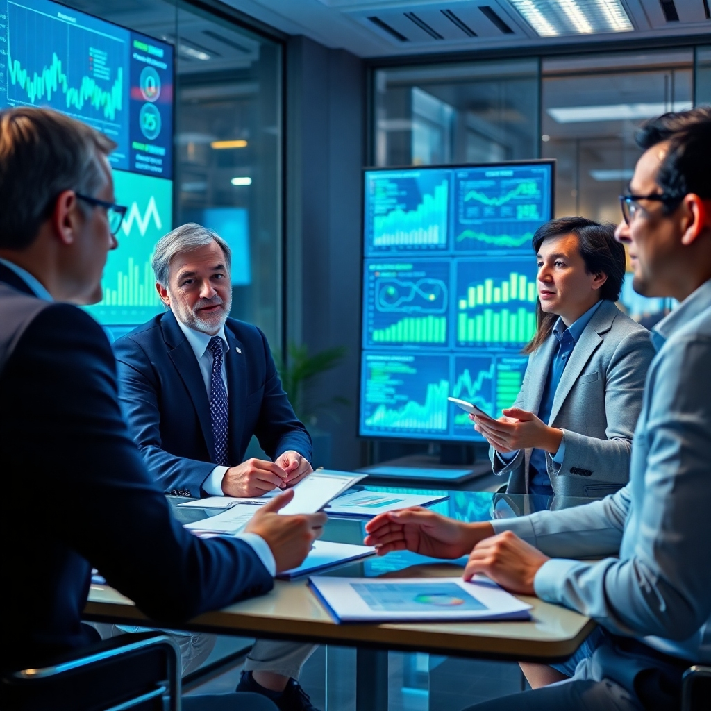 Create a photorealistic image showing a vibrant consulting session where experts explain AI integration to business owners. The office should be modern, filled with digital elements like graphs and statistics on screens. Soft lighting will enhance focus on the consultants and clients, while colors like blue and green create a feeling of trust and innovation. Capture the interaction and engagement that defines effective consulting.
