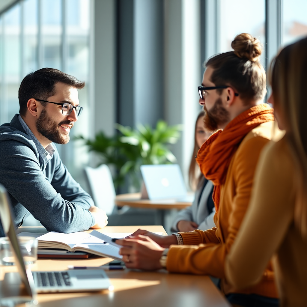 Create a photorealistic image of Marius and Cristina mentoring a group of entrepreneurs, showcasing the benefits of AI in a modern office setting. The lighting should be bright and optimistic, conveying the sense of empowerment and collaboration.
