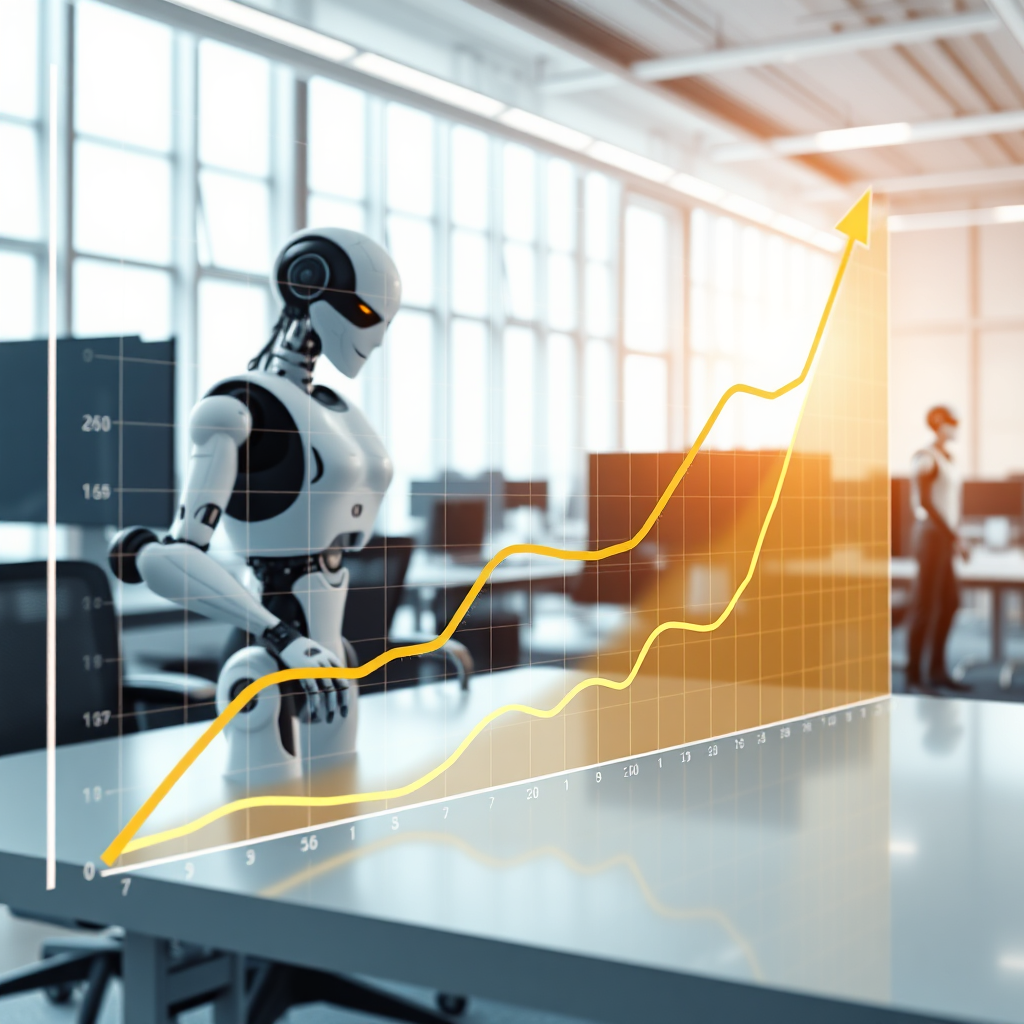 Create a photorealistic image of a graph steadily increasing over time, with AI robots seamlessly handling the workload in the background. The background should be a modern office setting. The lighting should be bright and optimistic, showcasing the sustainable growth. Focus on high-resolution details.