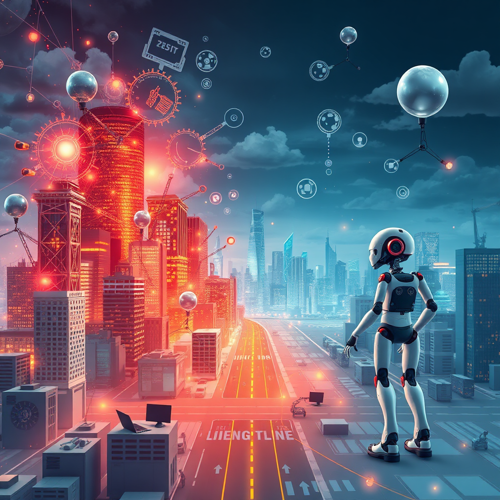 Create a photorealistic image representing a business landscape transforming from chaotic to organized with the integration of AI. Show AI robots working seamlessly to automate processes and enhance efficiency.