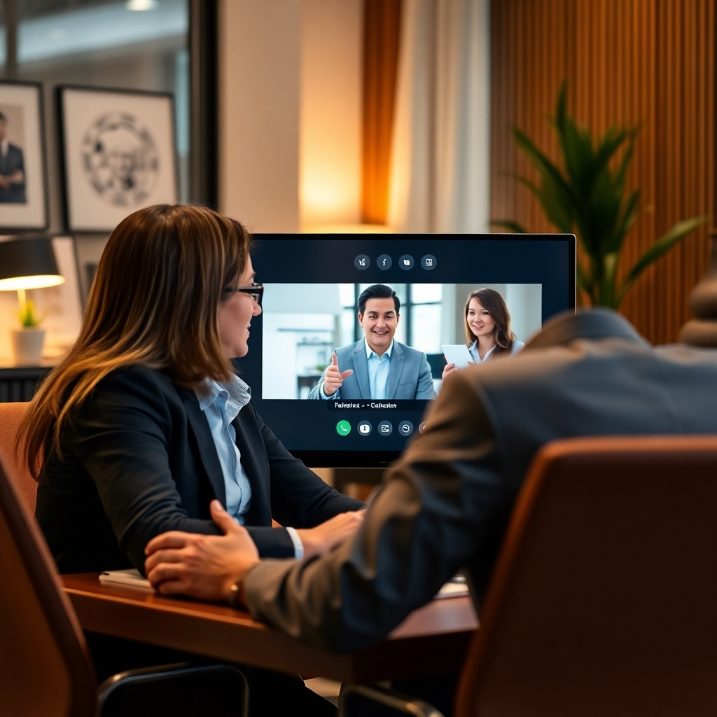 Create a scene depicting a consultant engaged in a virtual meeting with a client, showcasing innovative customer engagement tools. The setting should reflect a professional office environment with decor that speaks of innovation and connectivity. Use a lighting scheme that highlights the interaction and evokes trust, with a blend of warm and cool tones. The focus should be on the interaction and technology, giving a feeling of modern business engagement.