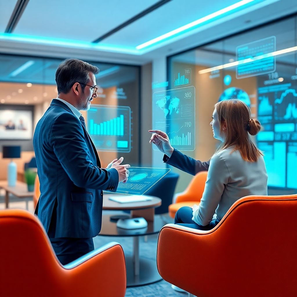 Create a visual that showcases a futuristic business consulting scenario with holographic interfaces displaying dynamic data and business metrics. The consultant should be interacting with these interfaces while a client looks on, impressed. The environment should be modern, with sleek furniture and high-tech accessories, using a color palette that features bright blues and tech-inspired accents. Focus on a dynamic angle that captures excitement and innovation, rendered in photorealistic detail.