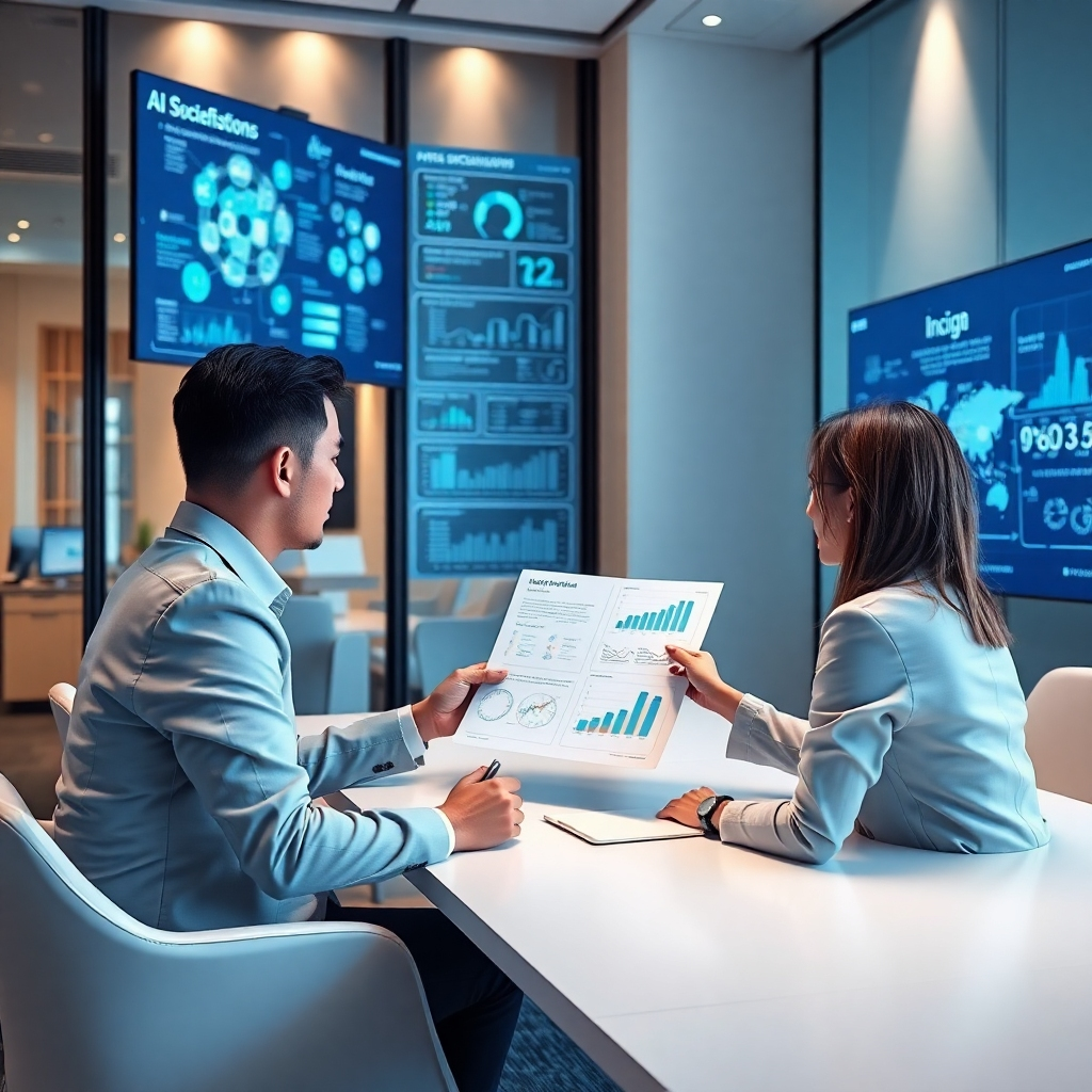 Design a photorealistic image depicting a consultant presenting a data-driven report to a client in a sophisticated meeting room. Include elements like digital screens displaying complex analytics and projections, a sleek modern aesthetic, and professional attire. The composition should convey a sense of collaboration and insight, using soft lighting for a professional yet inviting atmosphere. A color palette of whites, blues, and metallic accents will enhance the high-tech feel. Aim for 4K resolution, similar to corporate branding visuals that represent business consulting and AI solution integration.