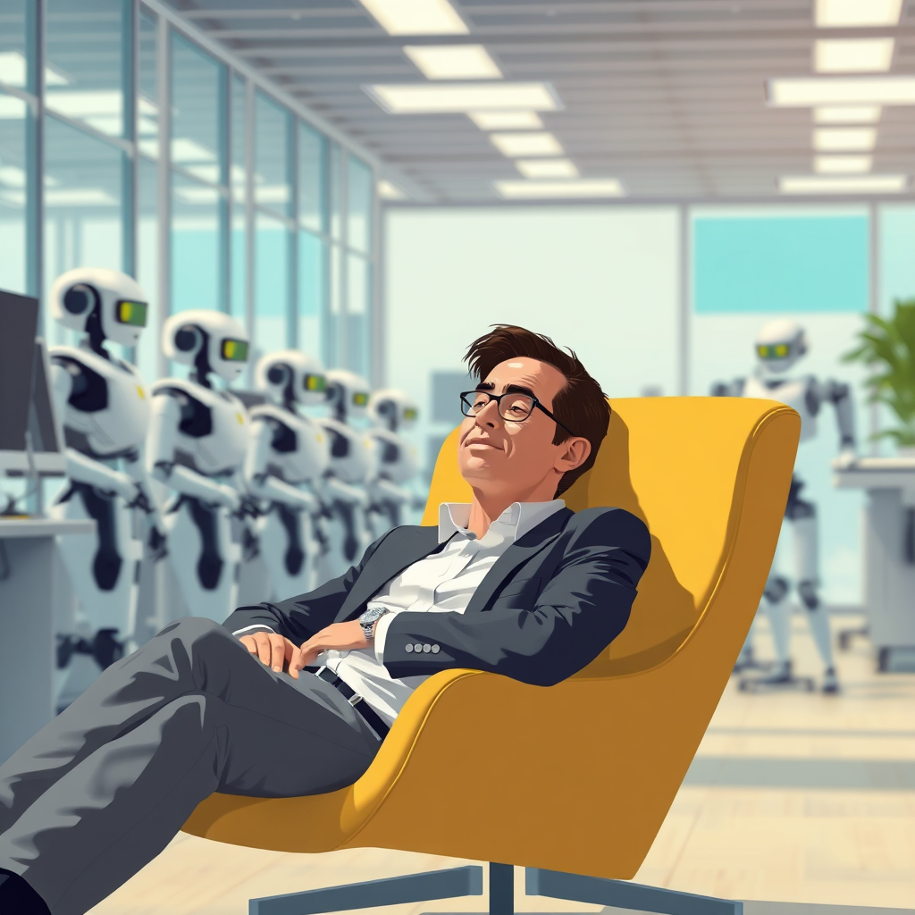 Design a stylized image of a busy executive relaxing in a comfortable chair while AI robots handle their tasks in the background. The scene should be brightly lit and convey a sense of freedom and control. The executive should have a relaxed expression, symbolizing the benefits of AI-driven automation.