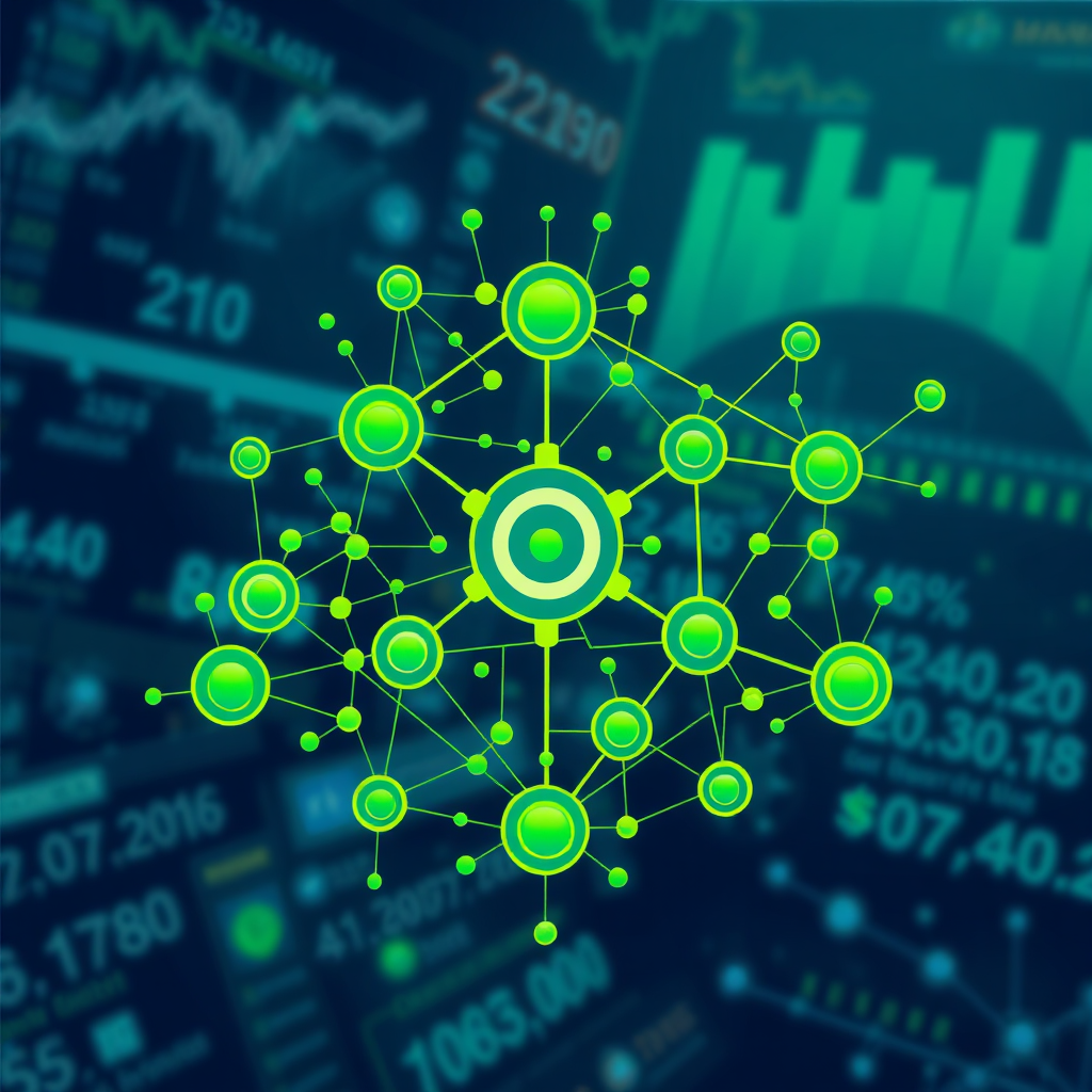 Design a stylized image of a complex algorithm visually represented as interconnected nodes and pathways, optimizing workflows and scaling business operations. The color scheme should consist of vibrant greens and blues, conveying growth and efficiency. The background should feature abstract representations of data and business metrics.