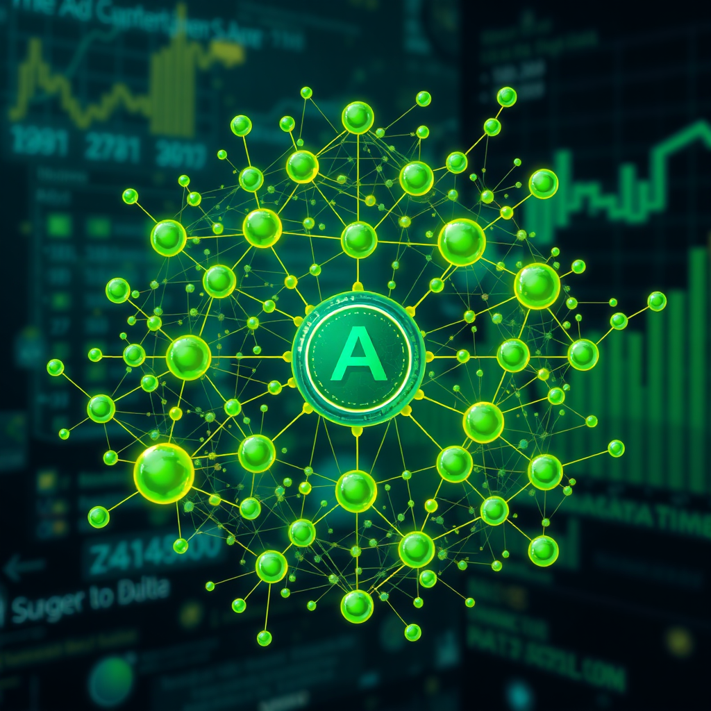 Design a stylized image of a complex algorithm visually represented as interconnected nodes and pathways, optimizing ad campaigns in real-time. The color scheme should consist of vibrant greens and blues, conveying growth and efficiency. The background should feature abstract representations of data and marketing metrics.