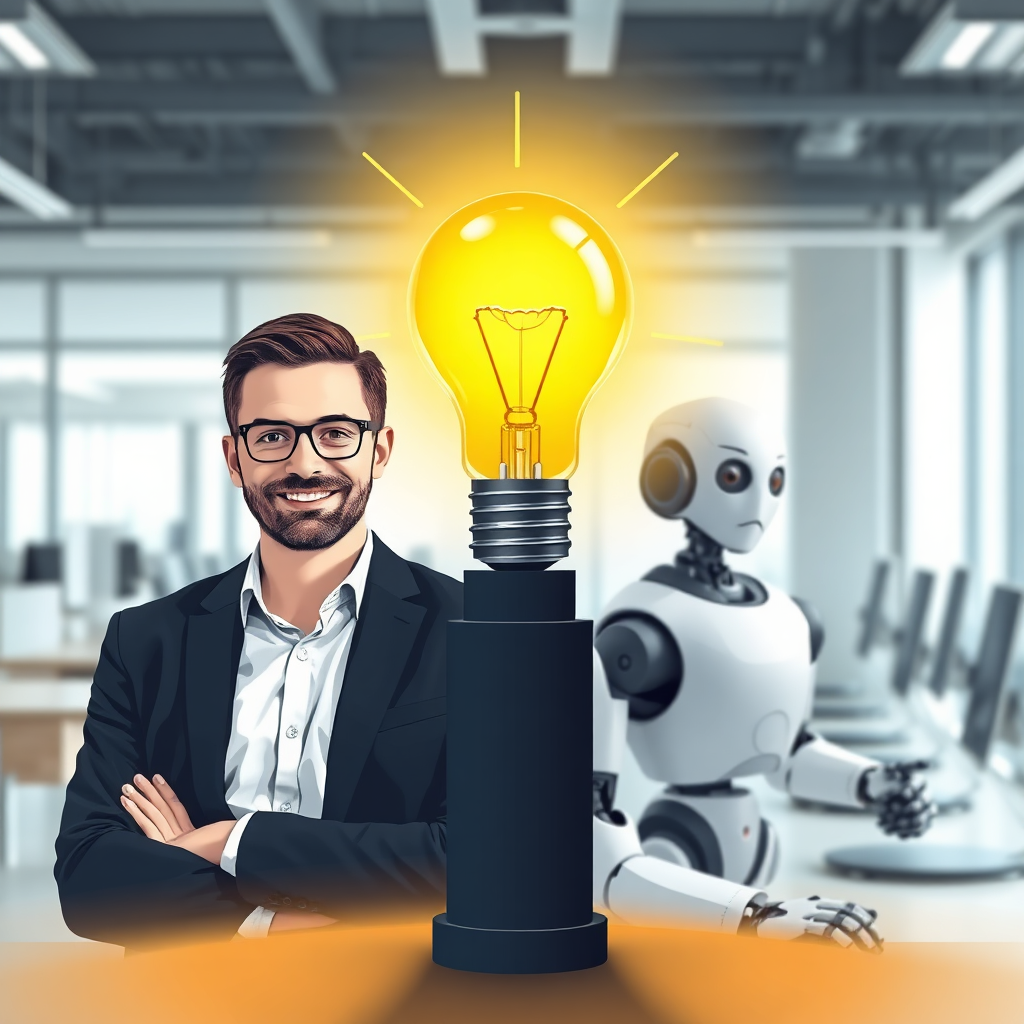 Design a stylized image of a lightbulb illuminating above the heads of the two entrepreneurs, with AI robots working efficiently in the background. The lighting should be bright and optimistic, conveying the sense of a breakthrough. The background should be a modern office setting, emphasizing the transformation.