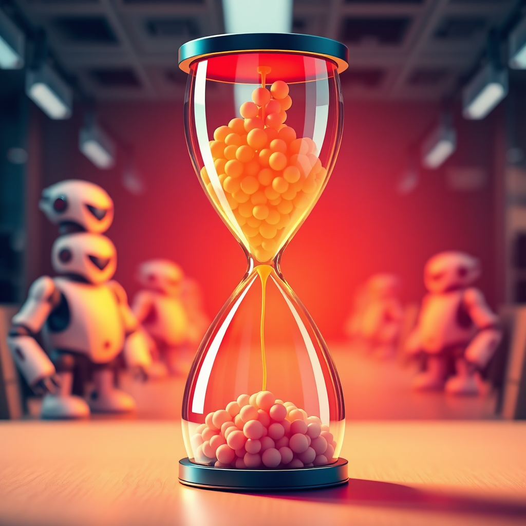 Design a stylized image of an hourglass overflowing with time, with AI robots efficiently managing tasks in the background. The color scheme should be vibrant and optimistic, conveying the sense of regained time. The background should be a modern office setting.