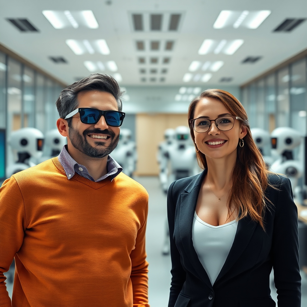 Design a stylized image of Marius and Cristina looking revitalized and energized, with AI robots working seamlessly in the background. The lighting should be bright and optimistic, conveying the sense of transformation. The background should be a modern office setting, emphasizing the efficiency.