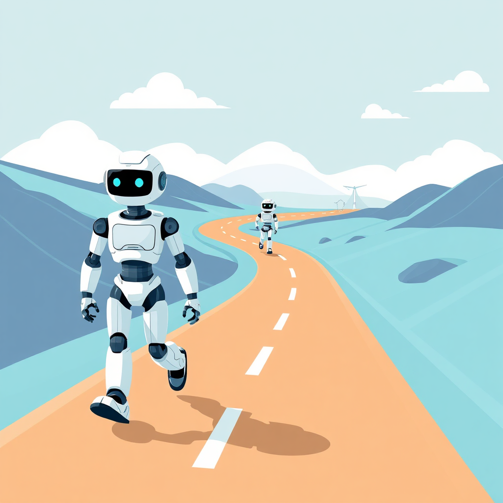 Design a stylized image representing a guided journey, with AI robots leading the way through a clear and structured path. Use visual cues to indicate progress and milestones, emphasizing the step-by-step approach of the system.