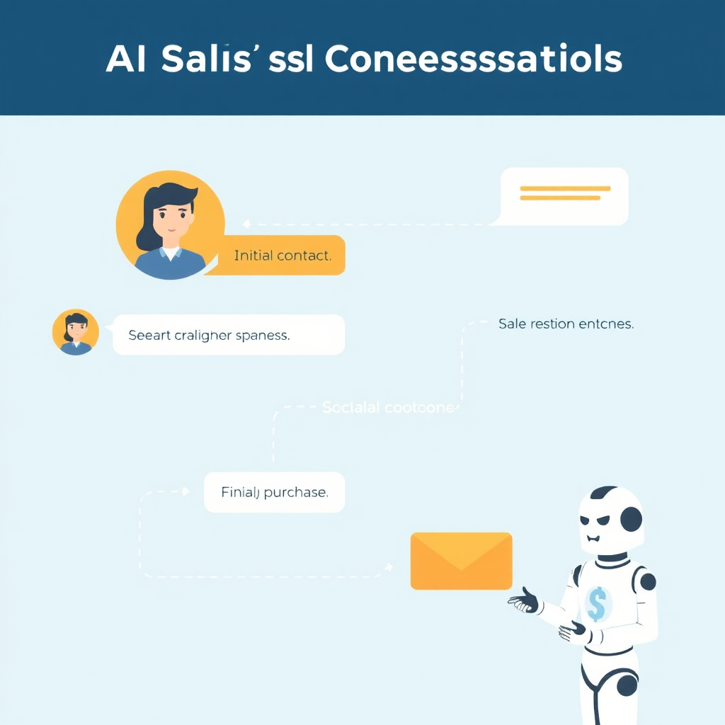 Design a stylized image representing the flow of a sales conversation, with the AI chatbot seamlessly guiding the customer through each stage, from initial contact to final purchase. Use visual cues to emphasize the automation.