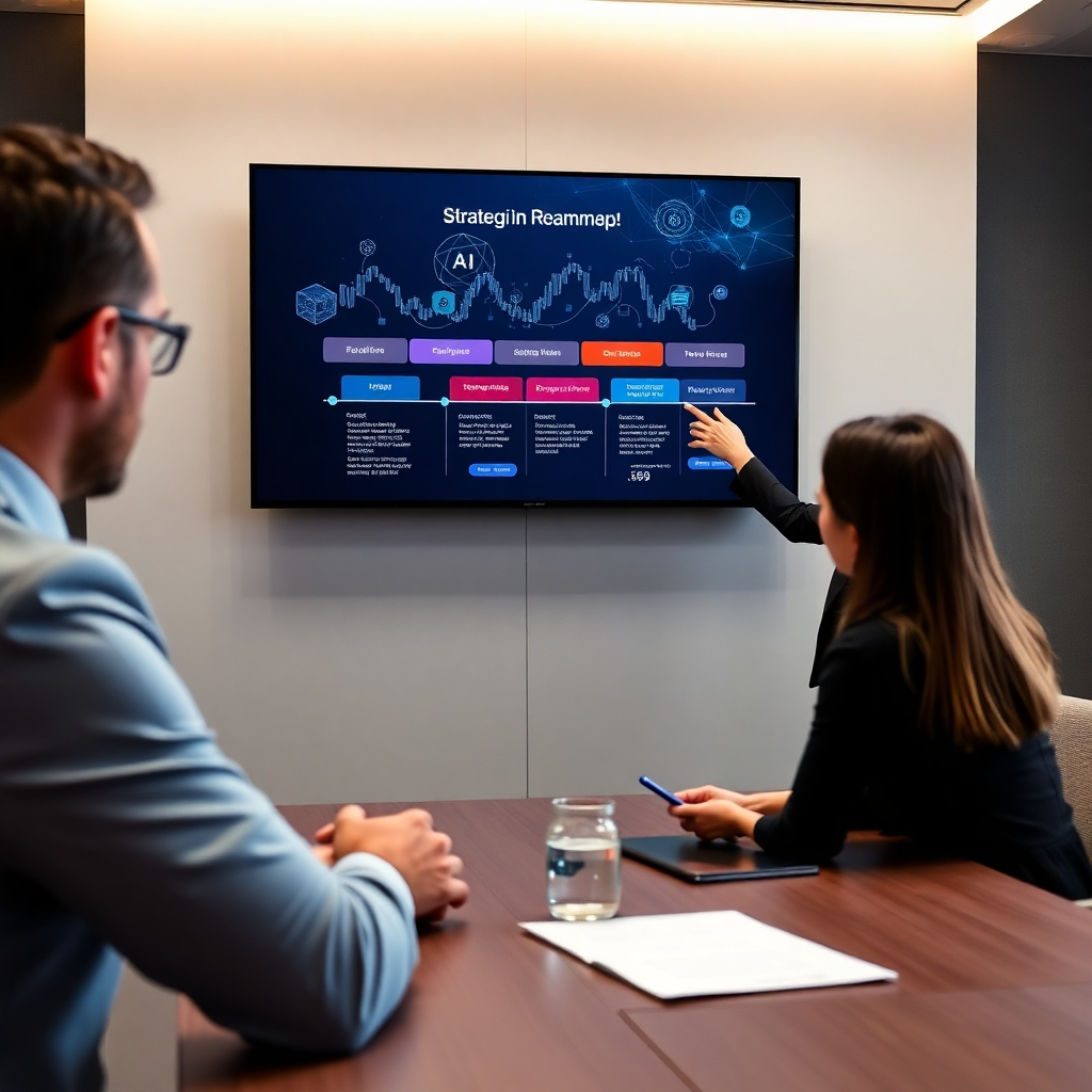 Design an image of a consultant presenting a strategic implementation roadmap to a business client, with digital elements that represent AI initiatives illustrated on a screen. The setting should be formal yet approachable, with modern design elements and proper lighting. The color scheme should be professional, using deep blues, greys, and highlights of tech-inspired colors. Focus on clarity and professionalism while showcasing the connection between strategy and technology.