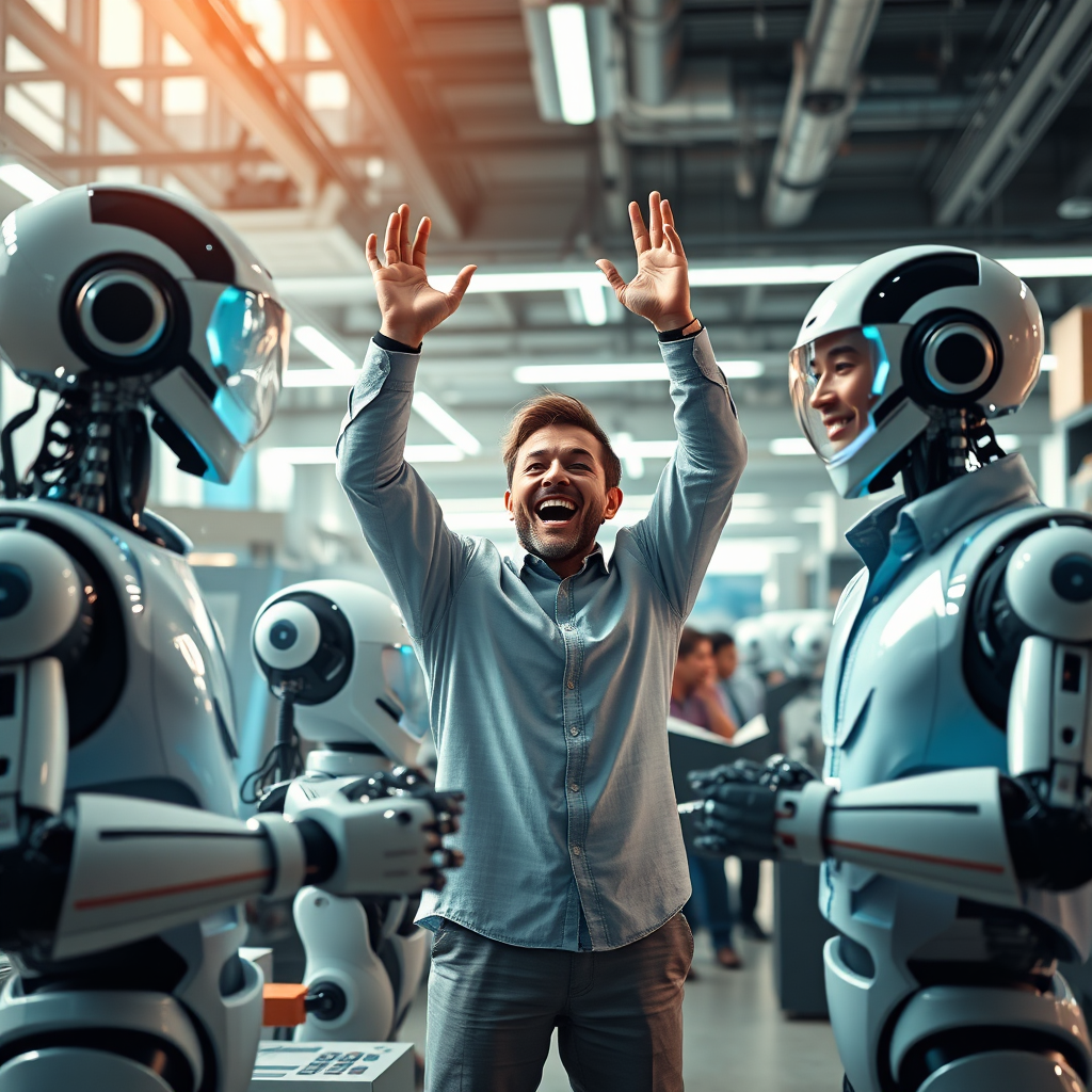Develop a hyperrealistic image of a thriving business operation powered by AI robots, with entrepreneurs celebrating their success. The overall tone should be prosperous and fulfilling, emphasizing the benefits of AI-driven automation.