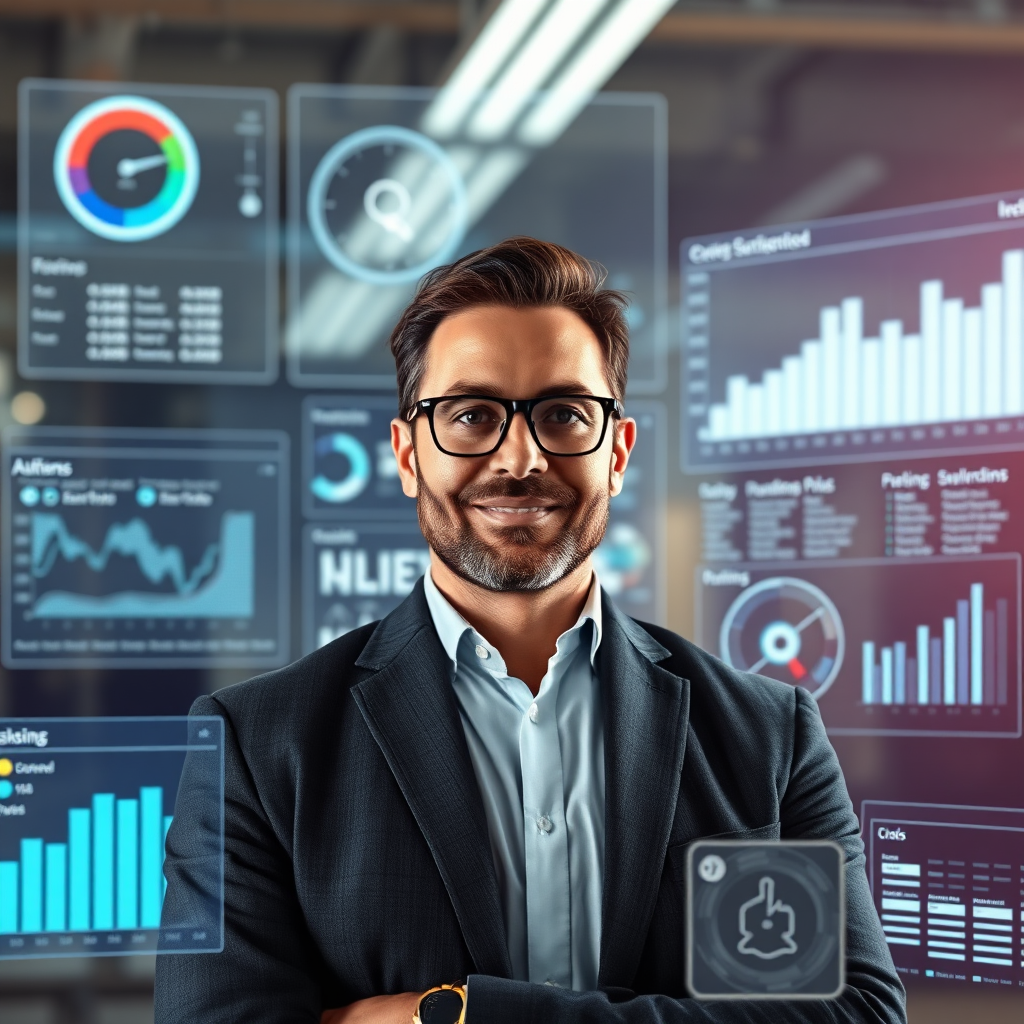 Develop a hyperrealistic image of a business owner looking confident and focused, surrounded by clear data visualizations and AI-powered tools. The overall tone should be sharp and informed, emphasizing the clarity achieved through the process.