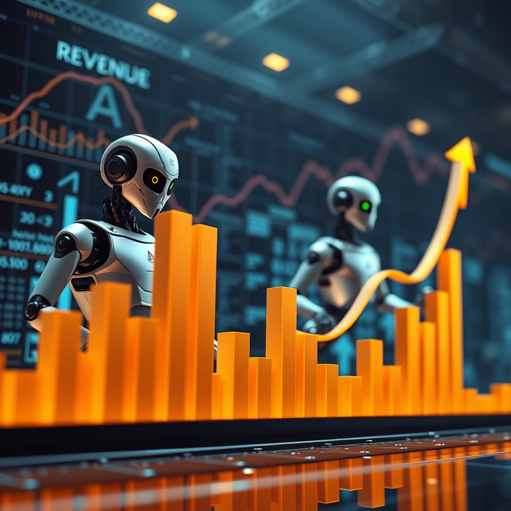 Develop a hyperrealistic image of a graph showing exponential revenue growth, with AI robots analyzing data and optimizing strategies in the background. The overall tone should be prosperous and efficient, emphasizing the financial benefits of AI.