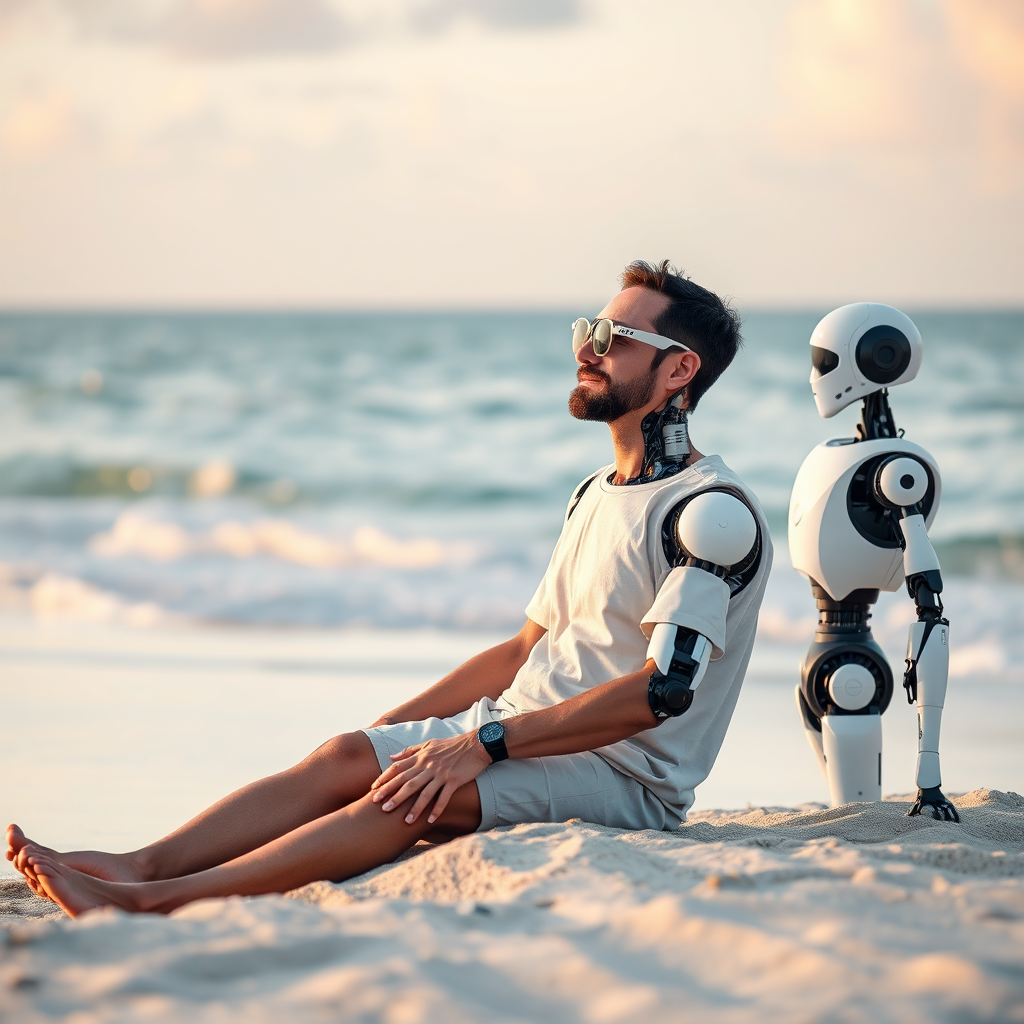 Develop a hyperrealistic image of a business owner relaxing on a beach, while AI robots efficiently manage their business operations in the background. The overall tone should be peaceful and fulfilling, emphasizing the freedom achieved through the AI Clarity-to-Freedom System.