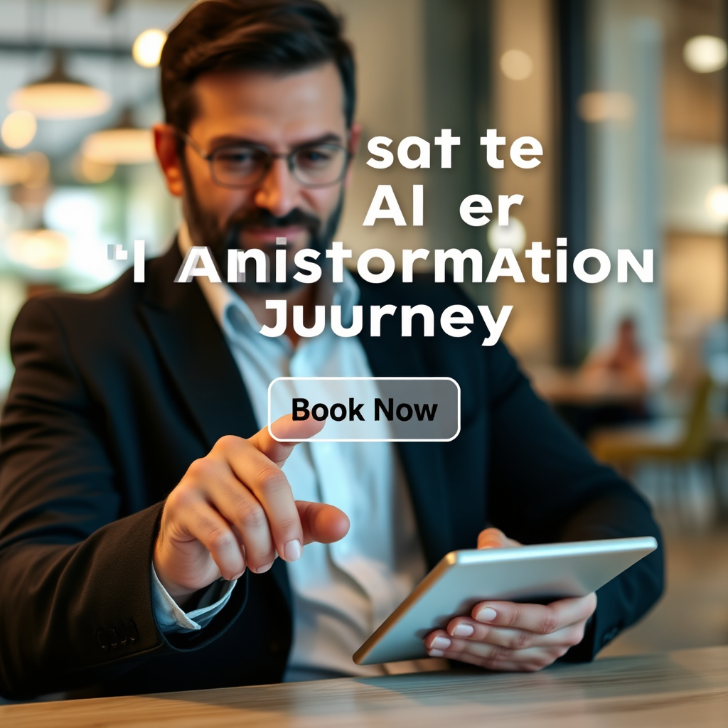 Develop a hyperrealistic image showcasing a business owner confidently clicking a 'Book Now' button on a sleek device, representing the decisive action needed to start the AI transformation journey.