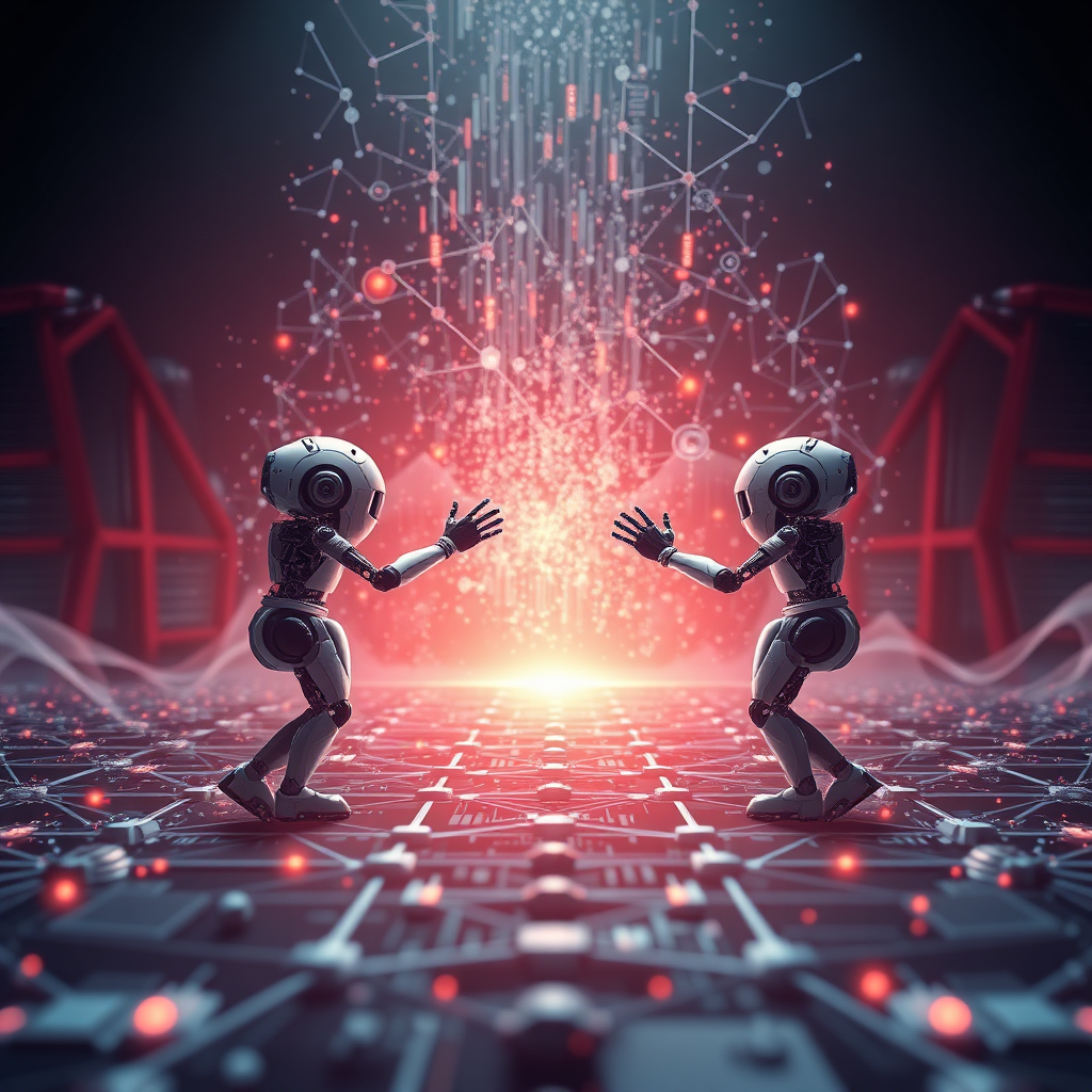 Develop a hyperrealistic image showcasing a business graph breaking through limitations, with AI robots working diligently to analyze data and optimize performance. Emphasize the potential unleashed by AI.