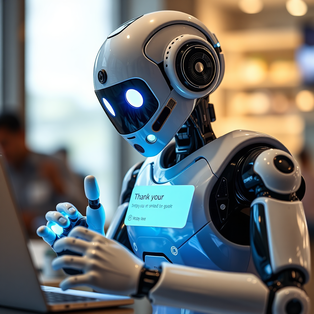 Develop a hyperrealistic image of a customer making a purchase through the AI chatbot interface, with the chatbot visually confirming the transaction and expressing gratitude. Emphasize the conversion process.