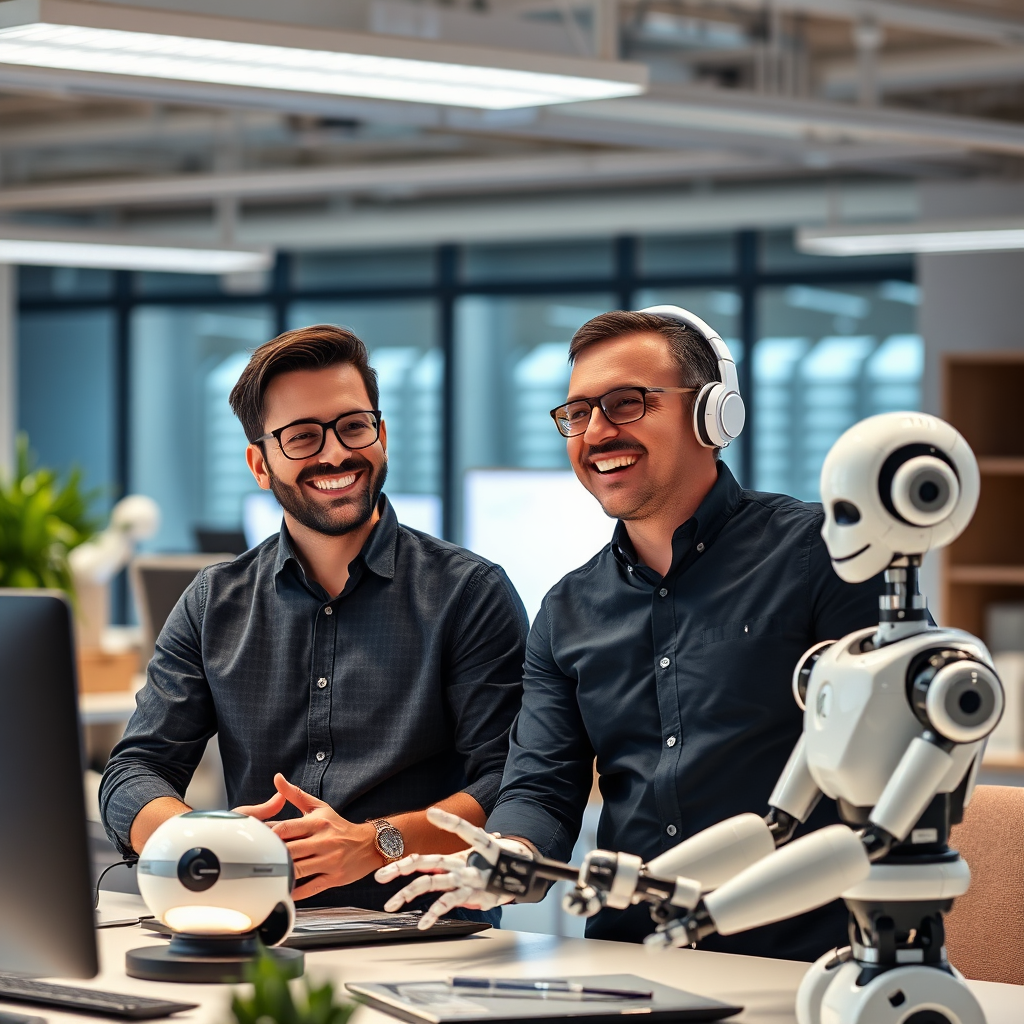 Develop a hyperrealistic image of the two entrepreneurs smiling and relaxed, overlooking a successful and growing business operation powered by AI robots. The overall tone should be prosperous and fulfilling, emphasizing the benefits of AI-driven transformation. The background should be a clean, modern office setting.