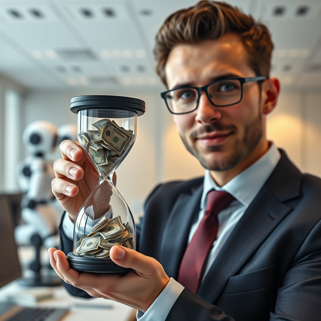 Develop a hyperrealistic image of a businessman holding an hourglass filled with money, with AI robots efficiently handling tasks in the background. The overall tone should be prosperous and efficient, emphasizing the financial benefits of AI-driven automation. The background should be a clean, modern office setting.