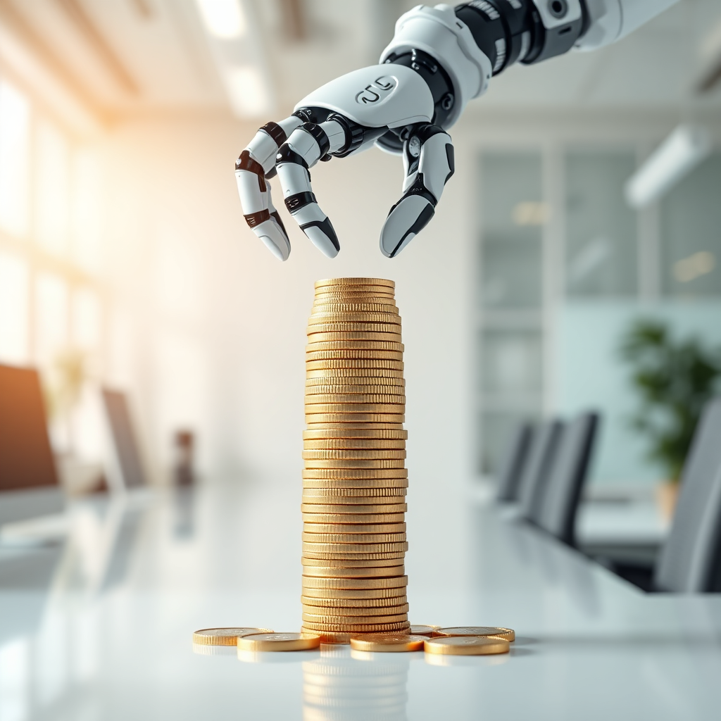 Develop a photorealistic image of a stack of coins growing taller as an AI robot arm carefully places more coins on top. The background should be a clean, modern office setting. The overall tone should be prosperous and efficient, emphasizing the financial benefits of AI-driven lead generation.