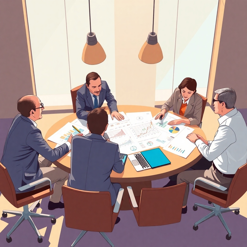 Illustrate a scene where business leaders are discussing strategic growth plans around a round table with blueprints and AI-driven metrics laid out. The lighting should be bright and aspirational, conveying a forward-looking perspective. Utilize a rich color palette with earth tones and technology-inspired hues to create a professional feel. The composition should highlight collaboration toward success.
