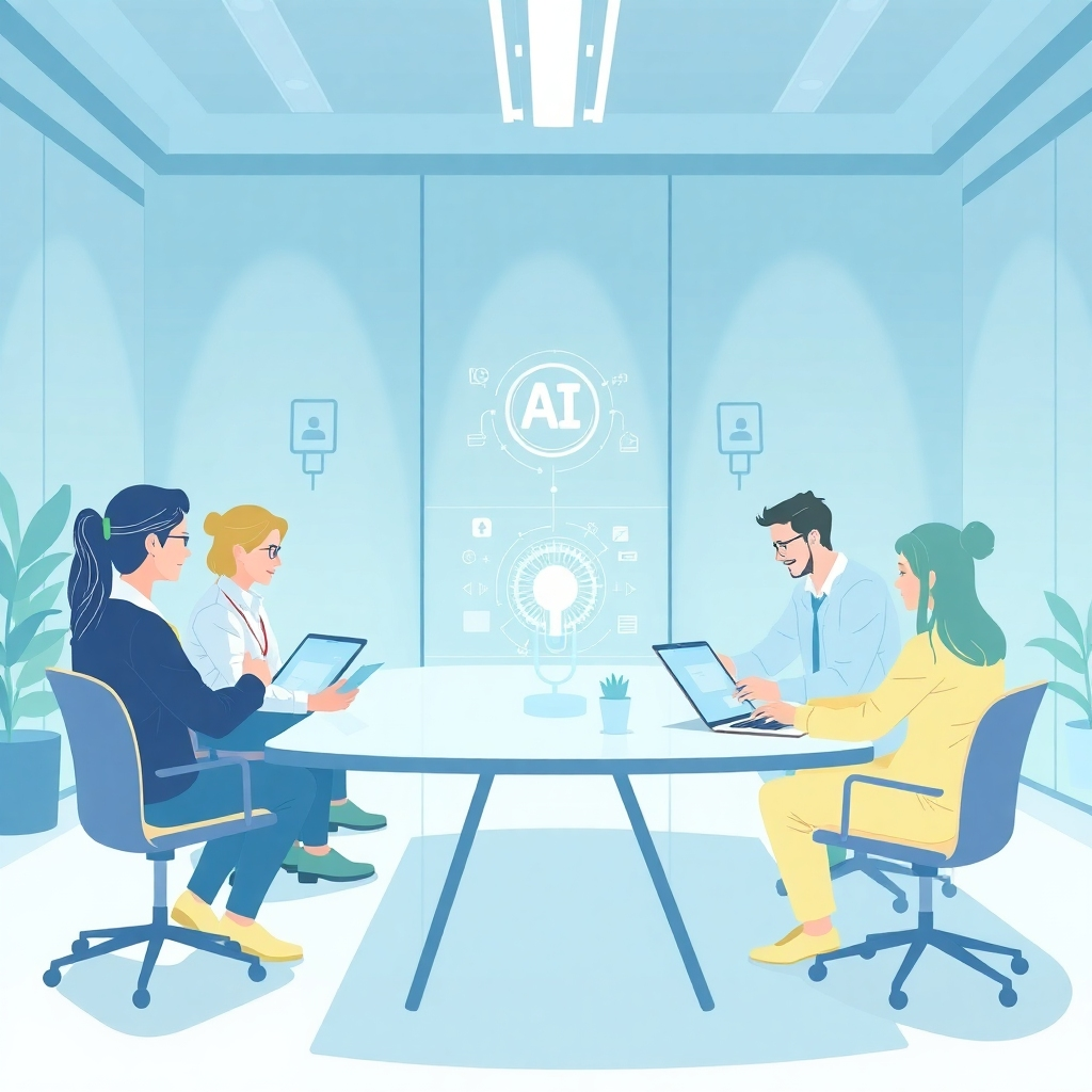 Illustrate a workshop environment with professionals engaged in training sessions around AI technologies, utilizing interactive learning tools. Soft but clear lighting should fill the space, accentuating the collaborative feel. Use a color palette of soft blues and greens for a calming effect, while ensuring the room is designed to encourage creativity and learning. The image should evoke a sense of growth and empowerment.