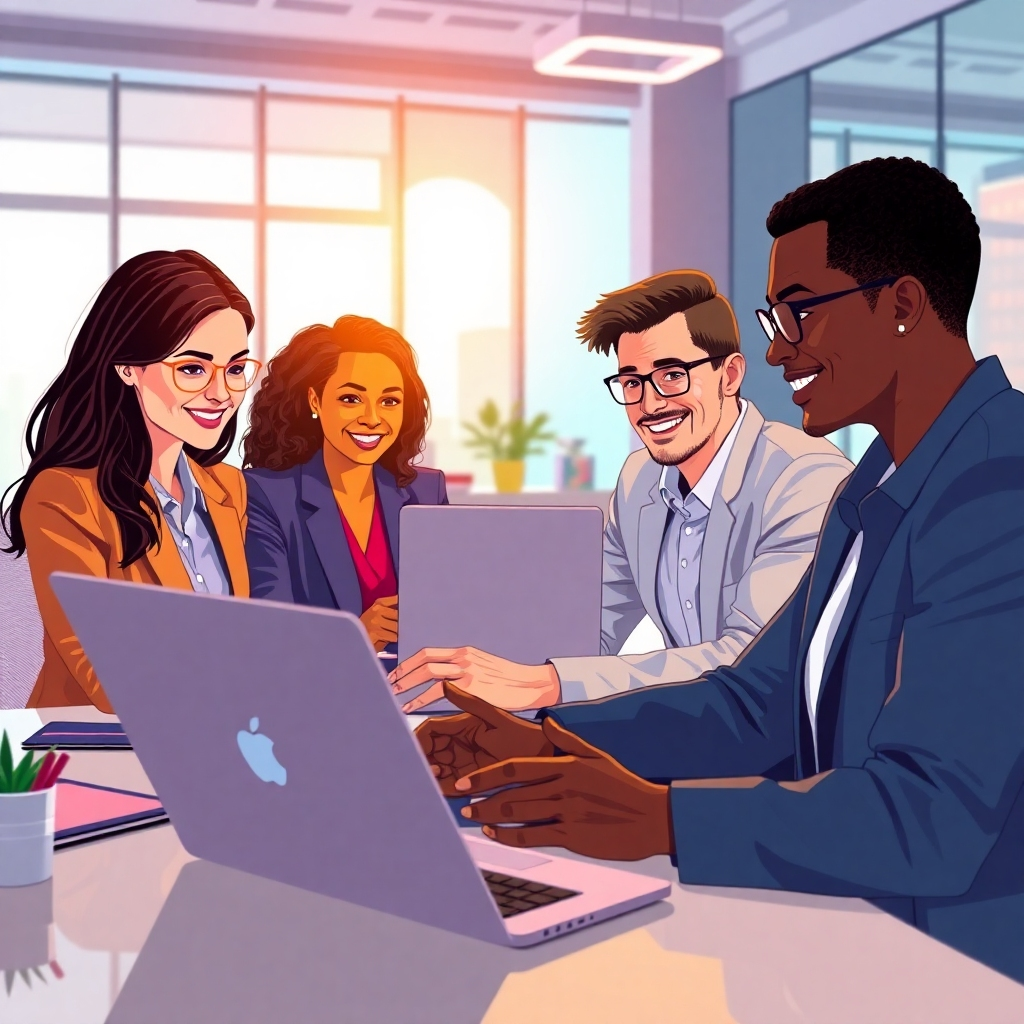 Illustrate an image of a business team utilizing AI software on their laptops while brainstorming ideas in a modern office. The team should represent diverse backgrounds while focused on the task. Ensure the lighting is bright and cheerful, with vibrant colors to imply innovation and energy. Incorporate elements of technology such as charts and graphs on their screens, while maintaining a cohesive look. Use a high-quality, photorealistic style that resonates with the theme of AI-driven solutions.