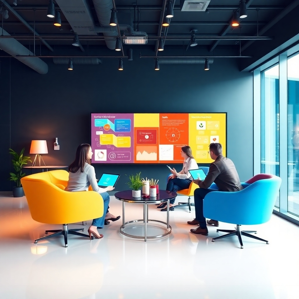Visualize a creative brainstorming session where consultants collaborate with clients to develop business solutions using interactive displays. The environment should be bright and modern, incorporating collaborative furniture and technology. Use a lively color palette that sparks creativity, with warm lighting that enhances the teamwork aspect. Focus on teamwork and innovation.