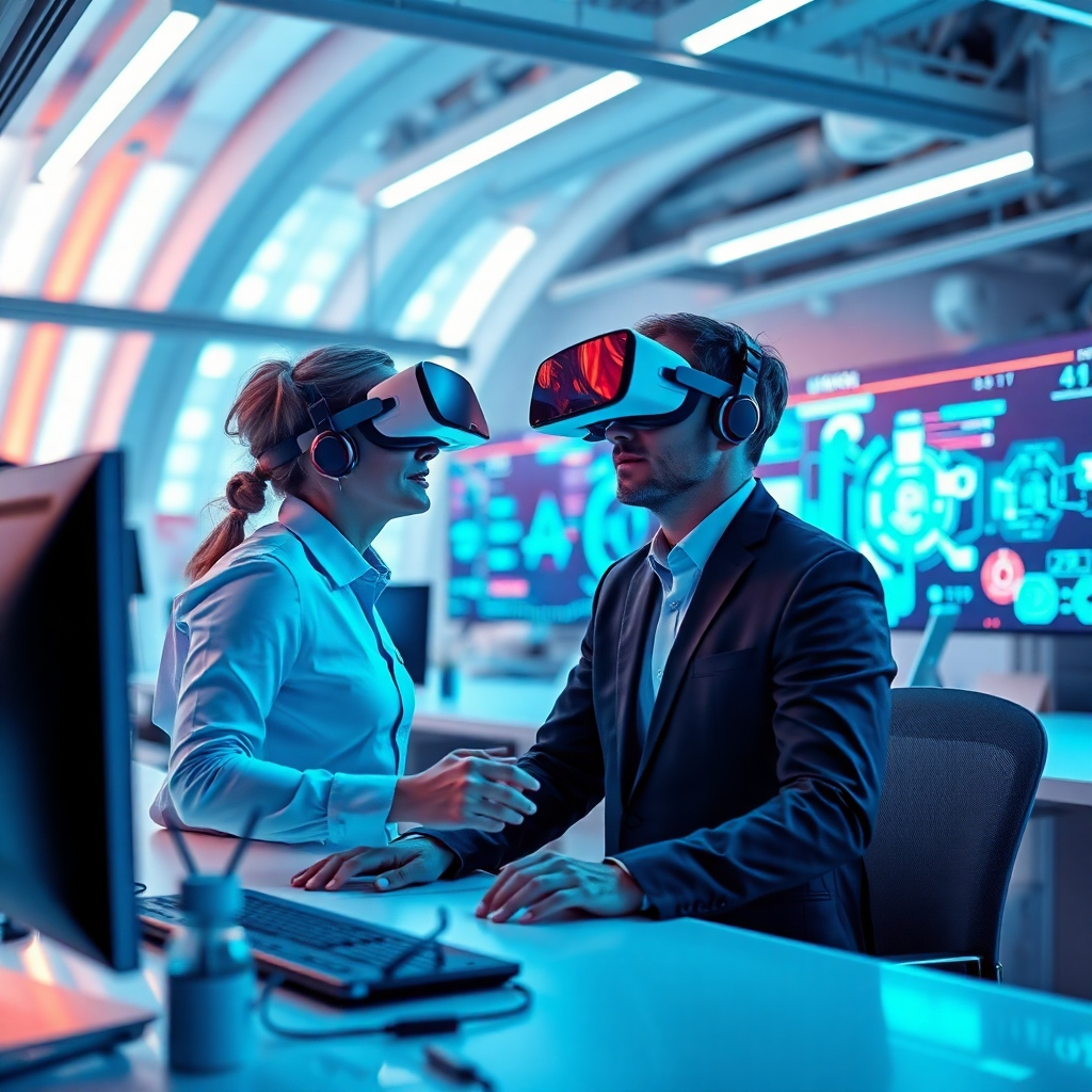 Visualize a futuristic workspace with consultants exploring AI innovations through immersive virtual reality tools. Incorporate vibrant visuals, dynamic screens, and a futuristic architecture backdrop. The lighting should be bright and engaging, using cool tones that enhance the sense of technological advancement. Capture a creative angle that communicates the essence of innovative consulting excellence.