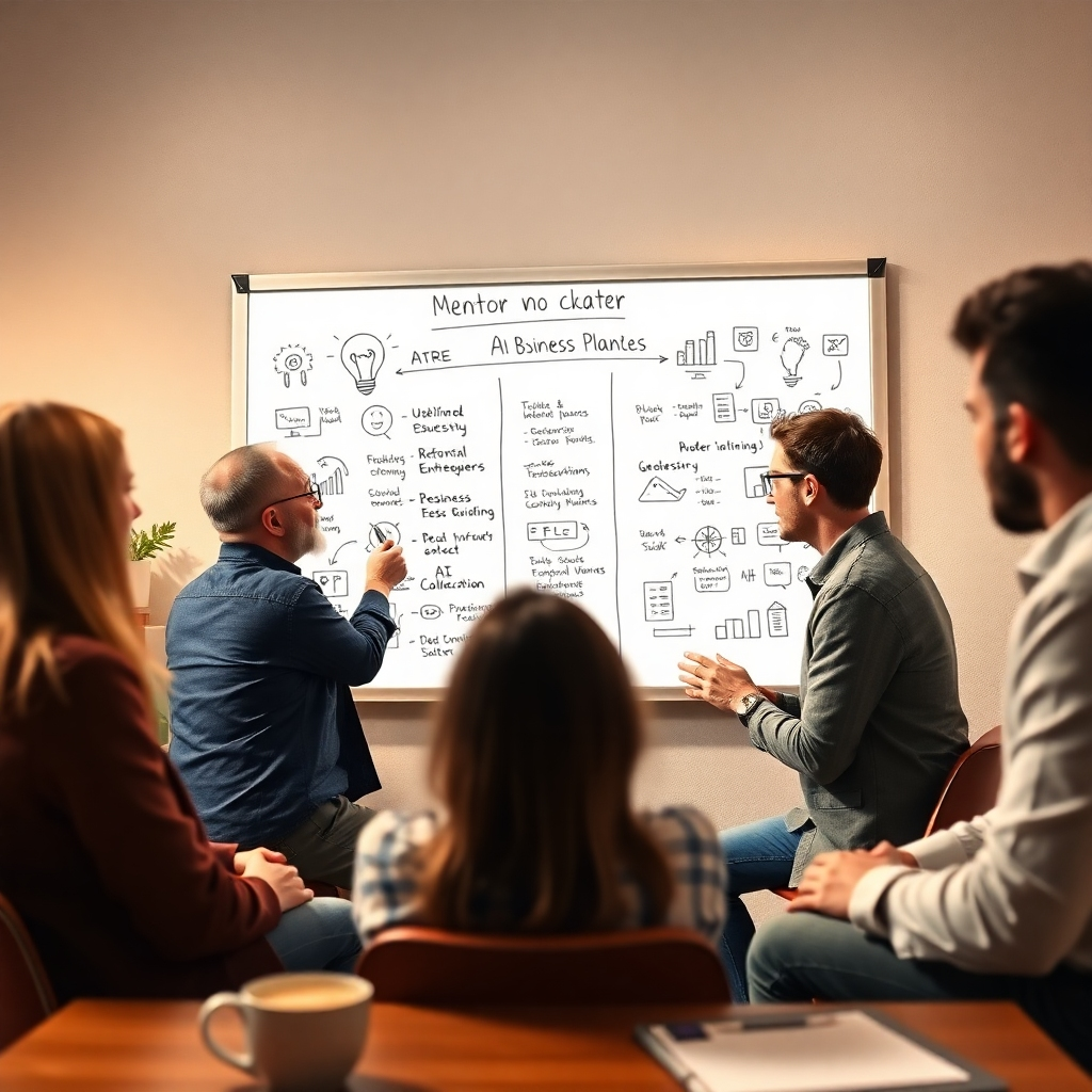 Visualize a scene of a mentor guiding a small group of entrepreneurs around a digital whiteboard filled with AI strategies and business plans. The lighting should be warm and inviting, creating a collaborative feel. Use textures that evoke a sense of creativity, such as chalkboard materials and digital overlays. The color palette should include cozy, earthy tones combined with modern accents. Aim for a high-quality image that showcases mentorship and consultancy.