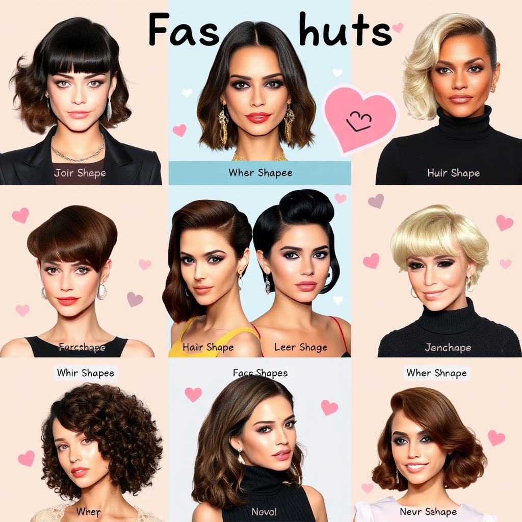 A captivating image collage showcasing celebrities with iconic hair cuts and styles, each highlighting a specific face shape. The layout integrates vibrant colors, playful graphical elements, and clear labels for face shapes and styles. The high-quality visuals should evoke excitement and inspiration, with a polished design that invites viewers to explore trending options.