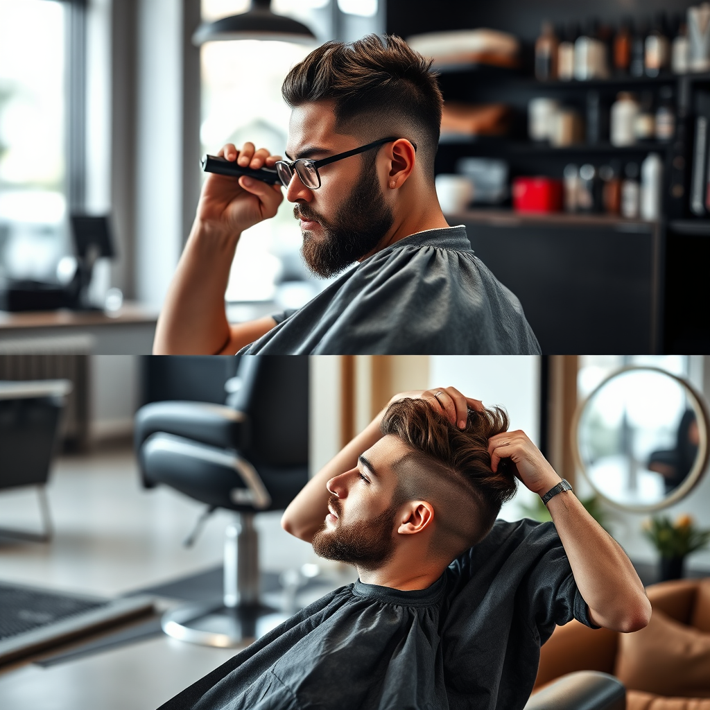 A compelling image featuring a barber working on a client's hair in a modern barber shop setting, contrasted with a client styling their own hair at home. The professional scene showcases skill and expertise, while the home scene is relaxed and casual. Combined, they visually narrate the story of hair care through quality imagery, featuring rich details and texture.