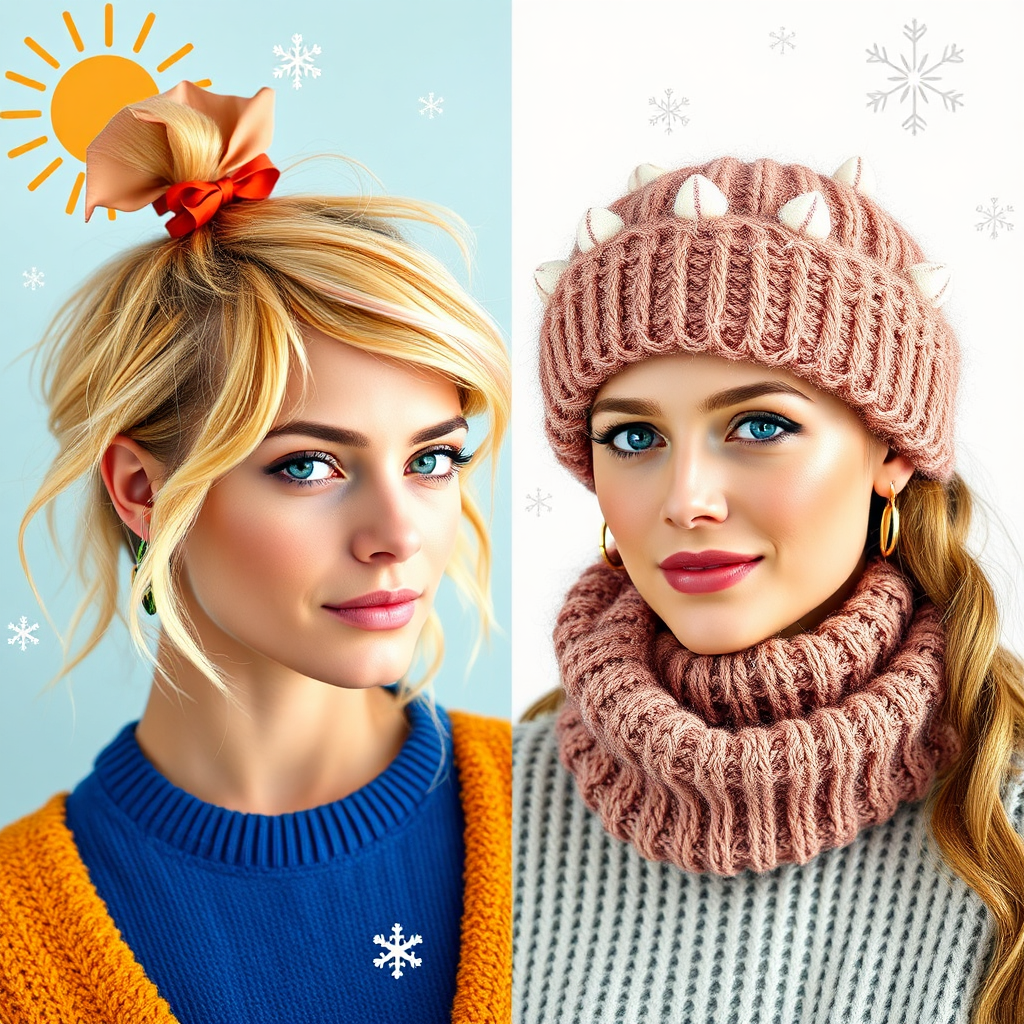 A creative image portraying a split scene with two models: one with a bright, summer hairstyle and the other with a cozy, winter look. Each side uses relevant products and styles fitting the seasons. The background incorporates elements like sun and snowflakes to emphasize the contrasting styles, presented in vivid colors and engaging detail.