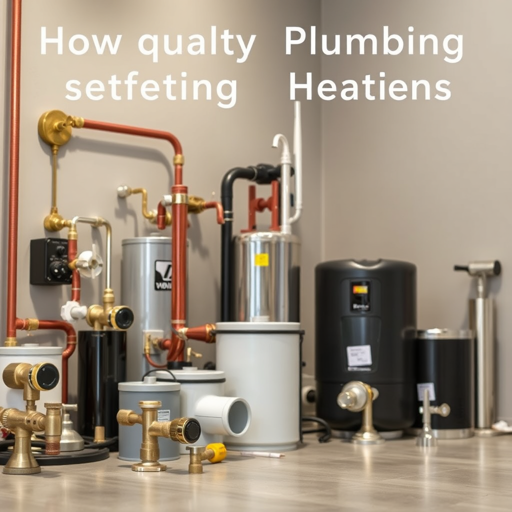 A detailed image showcasing high-quality plumbing and heating products displayed in a professional setting. The lighting highlights the textures and features of the products, with a neutral background to enhance focus. The angle emphasizes the range of selections available, portraying expertise and quality.