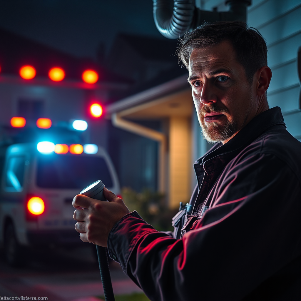 A dramatic, photorealistic image of a technician responding to a plumbing emergency at night. The composition features flashing lights from a service vehicle outside a house. The soft glow from the technician's work light illuminates pipes, showing water leaks. The urgency is captured through the technician's focused expression and determined action, with a nighttime color palette.