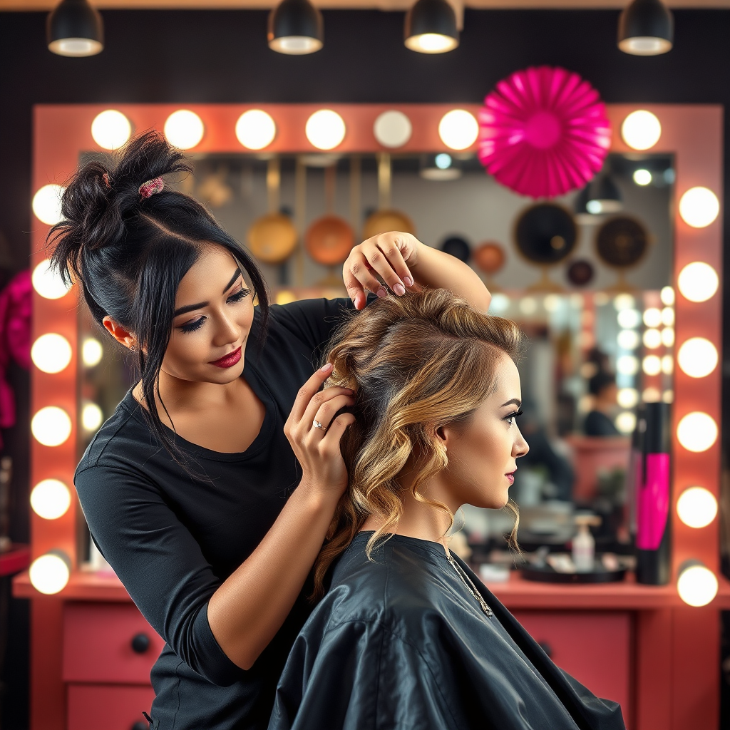 A dynamic image showing a stylist effortlessly crafting a fashionable hairstyle for a client. The environment buzzes with energy, showcasing stylish decorations and tools. The lighting highlights the creative process as the stylist adds final touches, emphasizing the beauty and precision of professional styling.