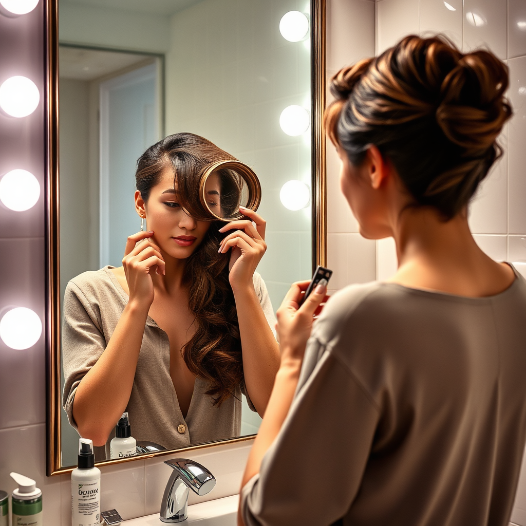 A high-quality, photorealistic image illustrating a person completing their daily hair care routine at home, using high-quality styling products. The composition showcases a bathroom with elegant lighting and stylish decor. The model's reflection in the mirror highlights their well-styled hair as they apply product, creating an intimate and personal atmosphere that engages viewers.